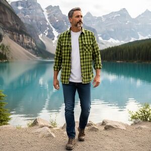 Mountain Hardwear Mens Plaid Button Down Shirt‎ Lime Green Black OM6066 Large